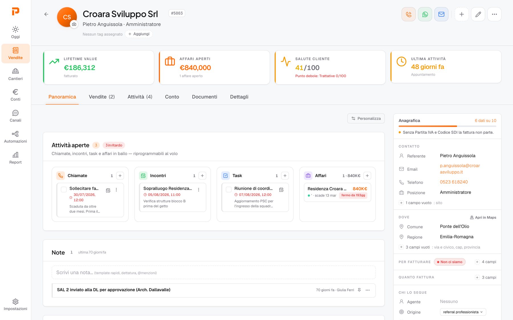 La scheda cliente di Portante con la storia completa